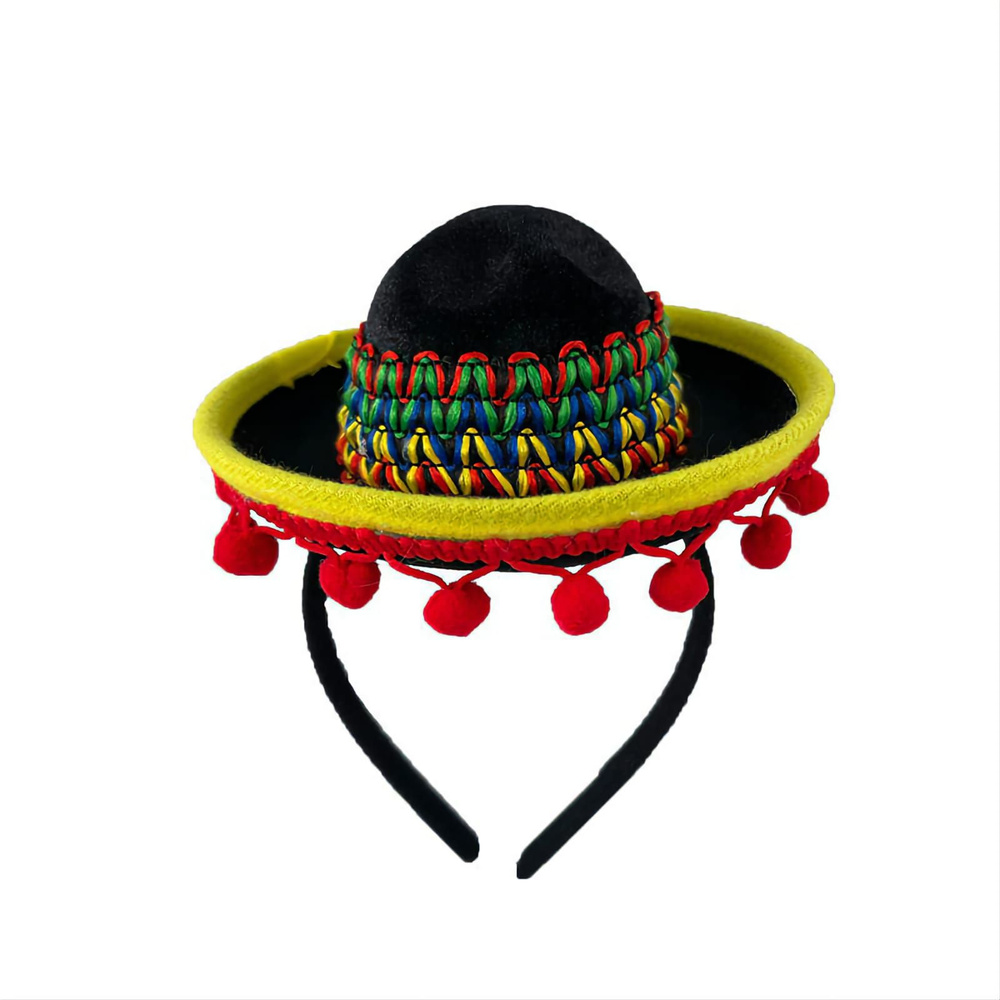 Карнавальный мексиканский головной убор мини шляпка размер 54-58 с помпонами  #1