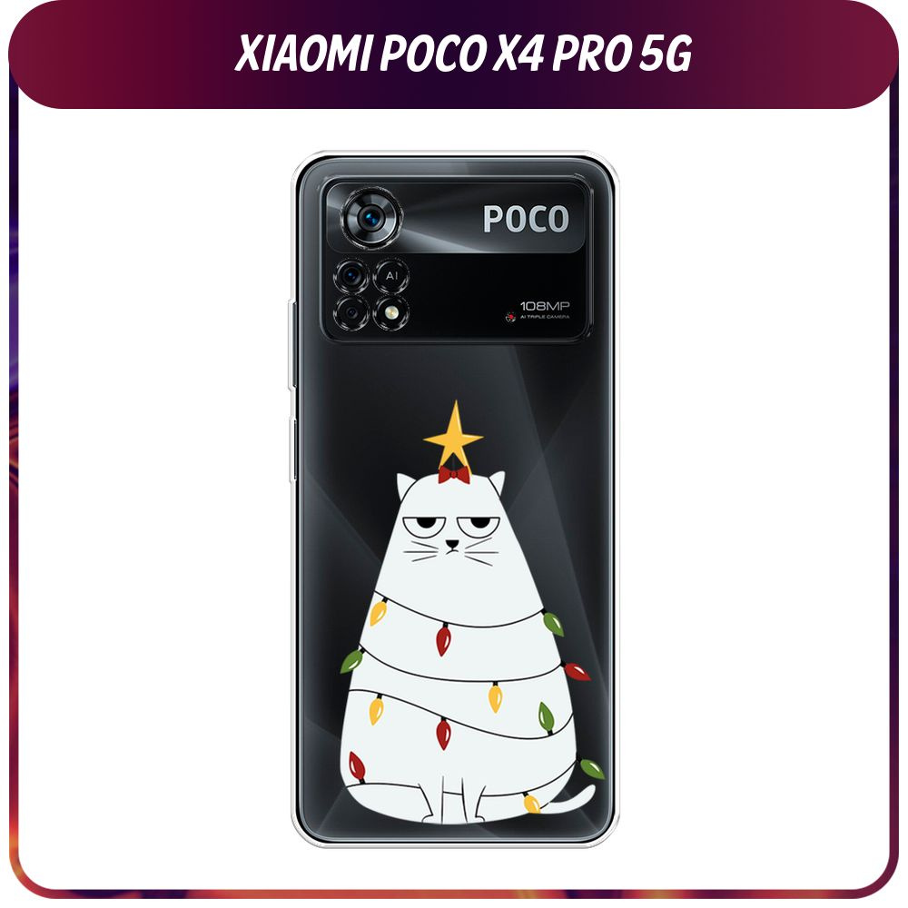 Силиконовый чехол на Xiaomi Poco X4 Pro 5G / Поко X4 Pro 5G "Котик в гирлянде", прозрачный  #1