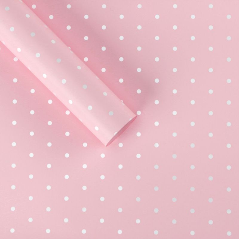 Пленка матовая для упаковки цветов, подарков "Горох" 58х58 - 5 шт. розовая/белый горошек  #1