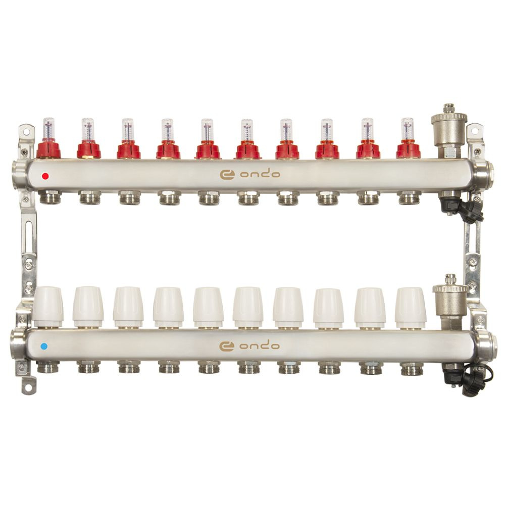 Коллекторная группа ONDO нерж сталь 10 вых. в сборе с автоматическим воздухоотводчиком, расходомерами #1
