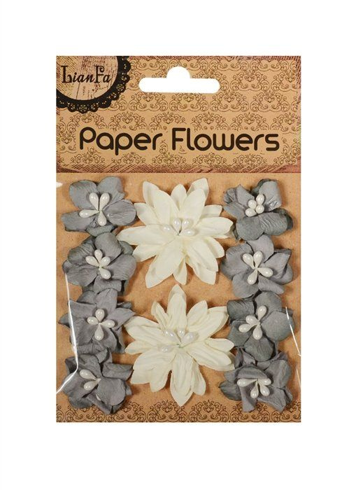 Цветы с бусинами Paper Flower, 2 больших и 8 маленьких на карточке крафт в пакете с подвесом, серые и #1