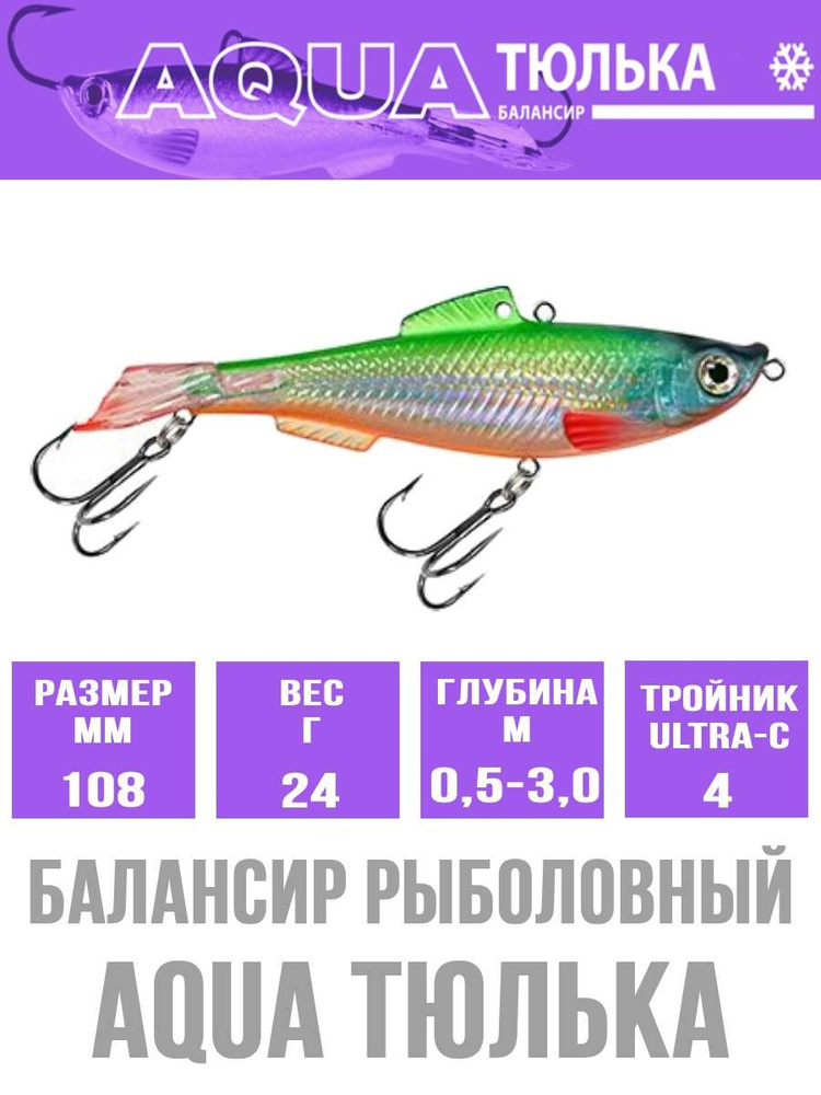 Балансир для рыбалки AQUA ТЮЛЬКА ХХ 108,0mm, вес - 24,0g, цвет 104 (зеленая спинка), 1 штука.  #1