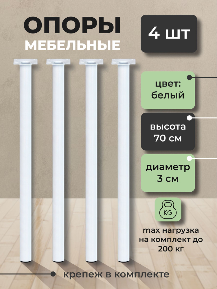 Опора мебельная 30х700 мм, ножки для мебели, цвет белый, 4 шт в комплекте  #1