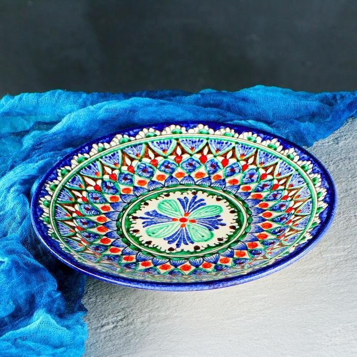 Тарелка Риштанская Керамика "Цветы", 22 см, синяя #1