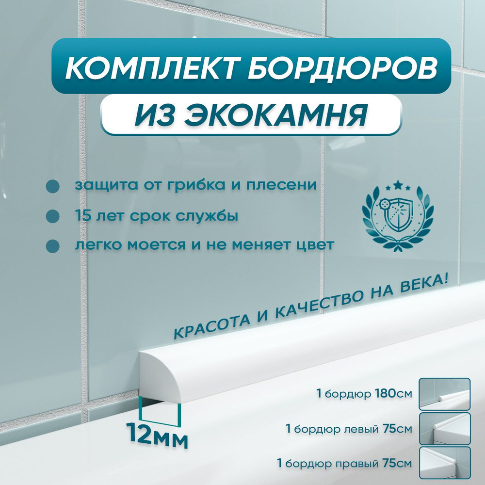 Комплект акриловых бордюров для ванной ПШ12 (3шт), белый цвет, глянцевая поверхность  #1