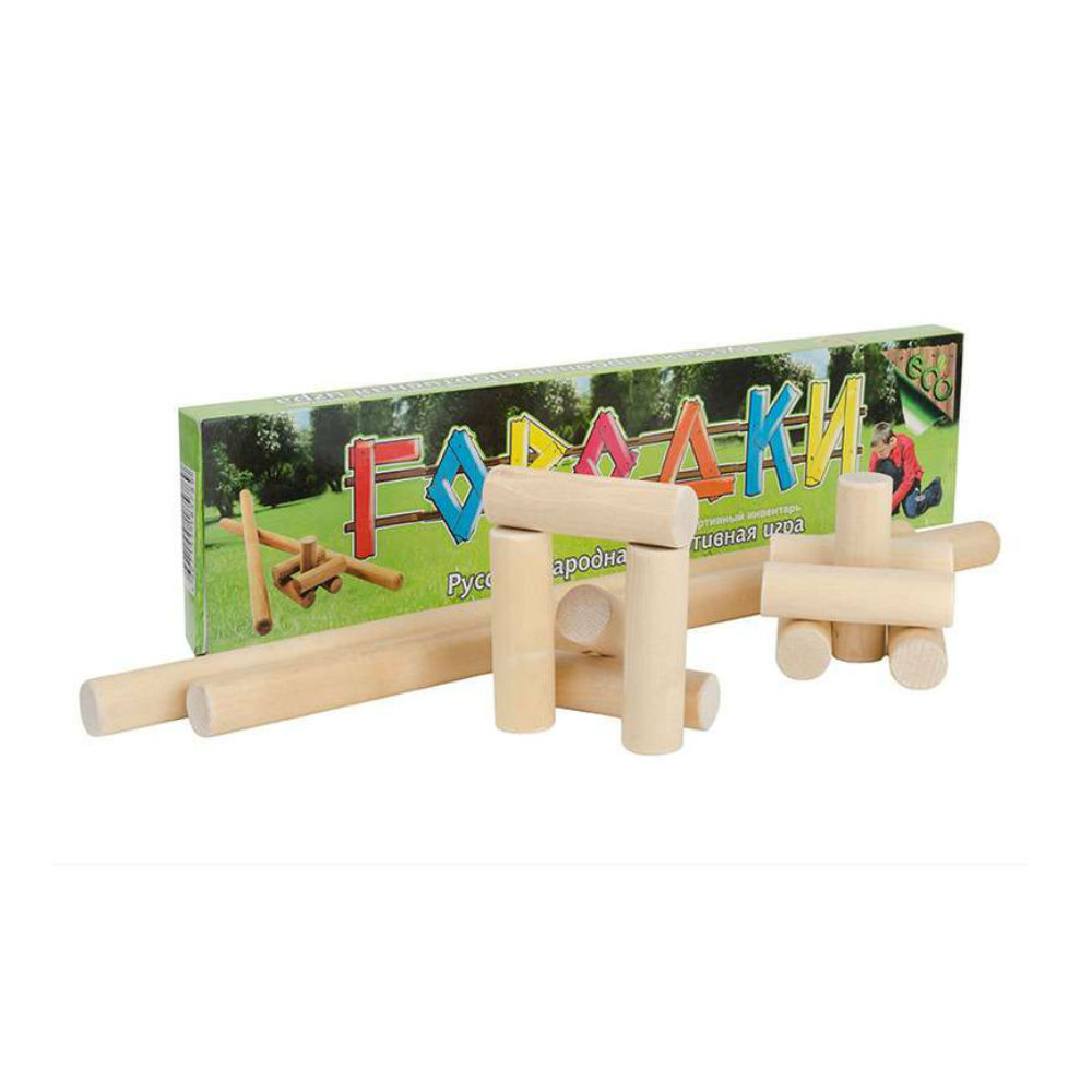 Игра Городки деревянные 2 биты 60см и 10 цилиндров 8,5 см в коробке для дошкольников школьников и взрослых #1