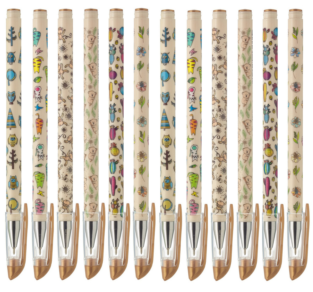 Ручка шариковая "Skywrite" корпус бежевый (коала, обезьяны, цветы, кактус, совы, коты) паста синяя, 12 #1