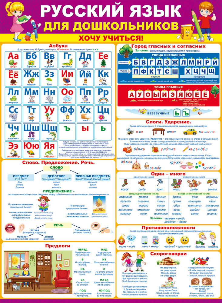 Обучающий плакат "Русский язык для дошкольников. Хочу учиться!", А2, 44х60 см, Картон  #1