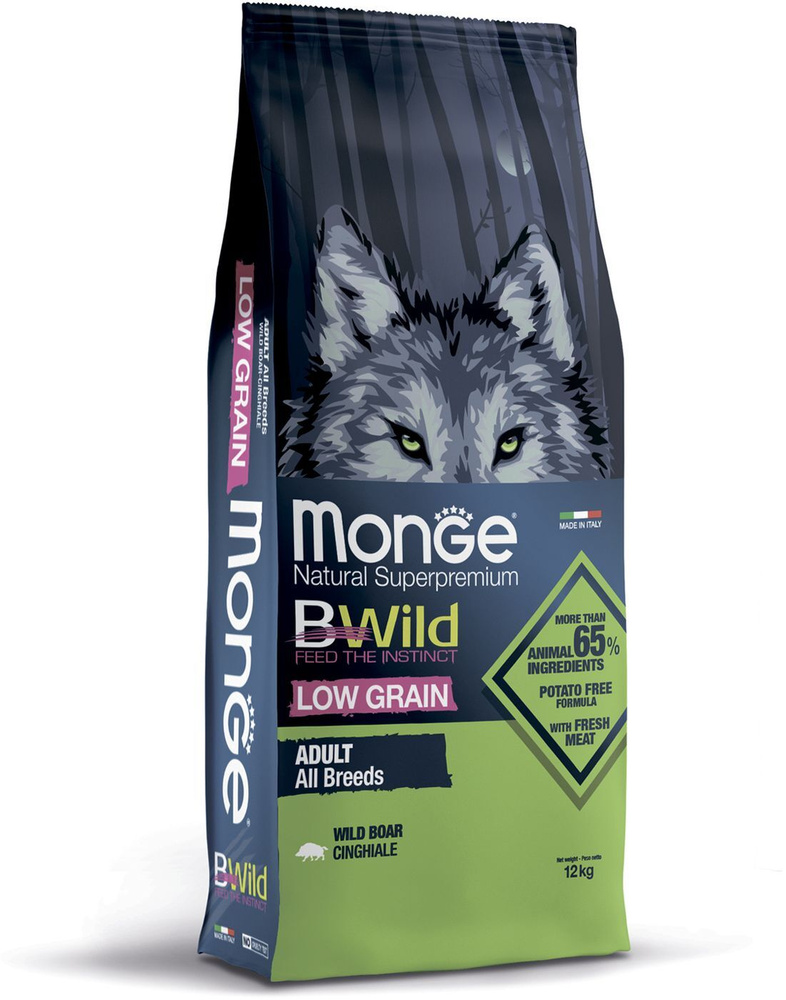 Сухой корм Monge Dog BWild LOW GRAIN, для взрослых собак, низкозерновой, из мяса дикого кабана 12 кг. #1