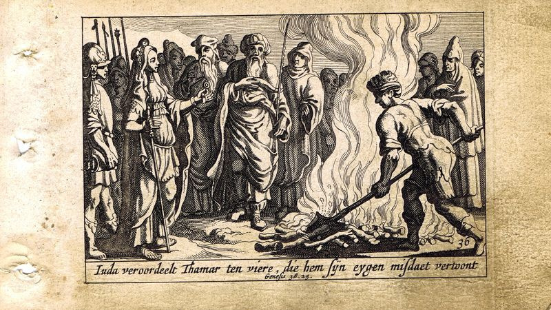 Антикварная резцовая гравюра, офорт. Ветхий Завет. Попытка сожжения Фамари Иудой. Нидерланды, 1659 год #1