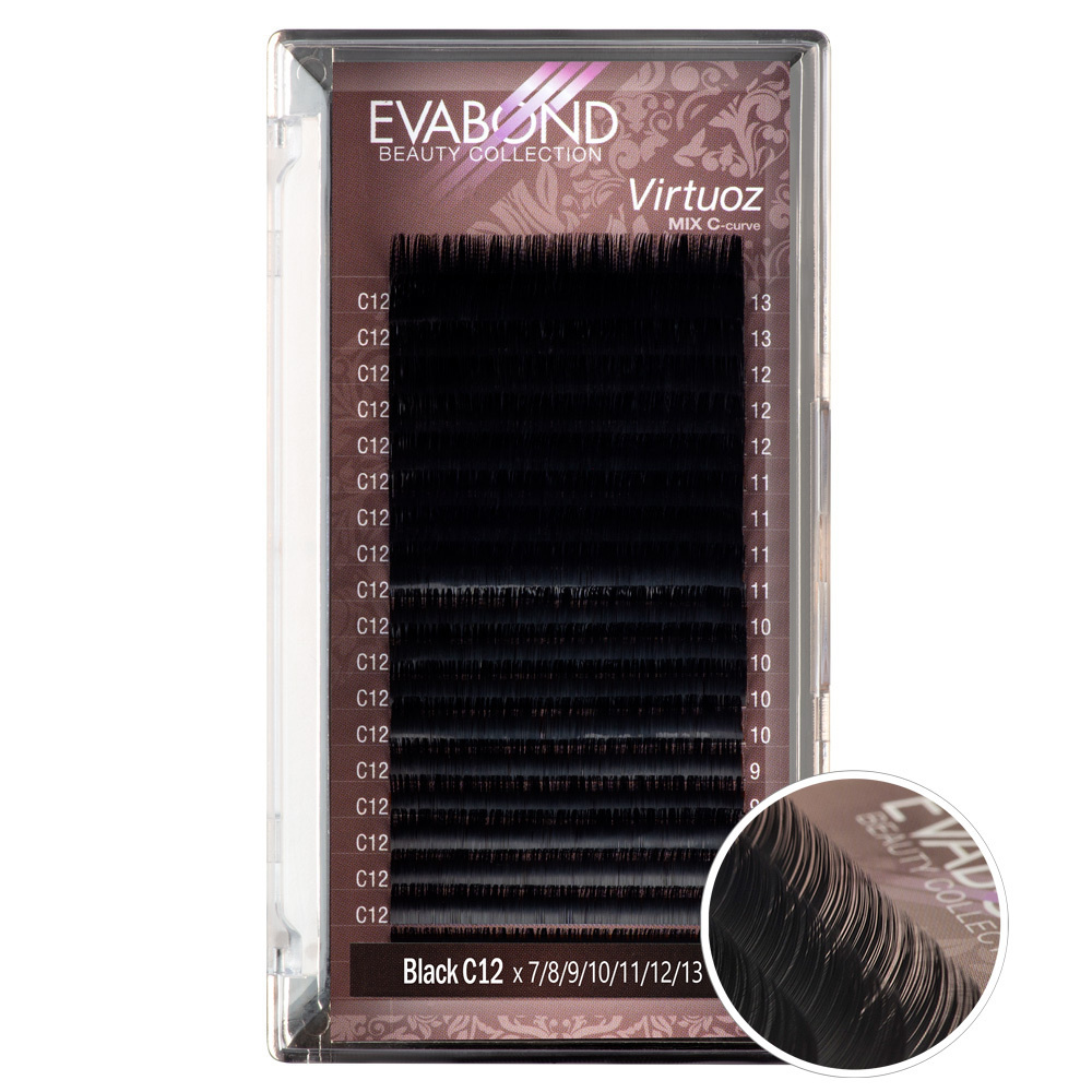EVABOND Ресницы для наращивания черные Virtuoz, 20 линий, Изгиб С, толщина 0,12 MIX (7-13мм)  #1