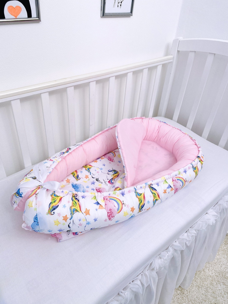Гнездышко - кокон двухсторонний из хлопка с матрасом для новорожденного 90 см. Розовый, разноцветный #1