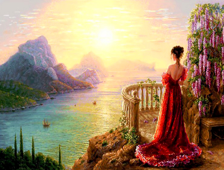 Картина по номерам на холсте 40х50 40 x 50 на подрамнике "Девушка на балконе с видом на море" DVEKARTINKI #1