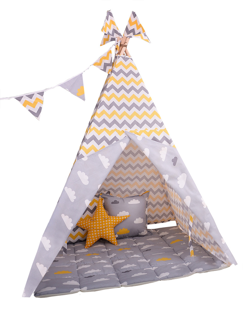 Детский вигвам 110*110 см хлопковый желто-серый зигзаг с разборной конструкцией Vigvam Shop (в комплект #1