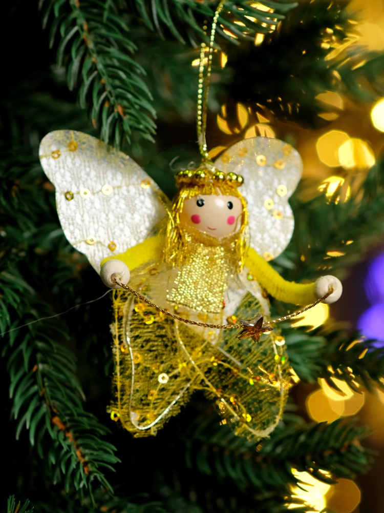 Новогодняя игрушка на ёлку подвеска Ангел золотой 8 см #1