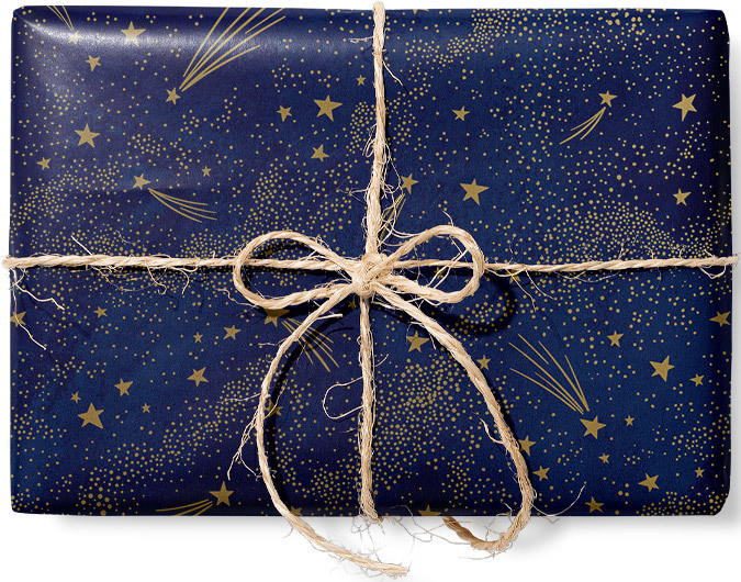 Упаковочная подарочная бумага Звёзды на тёмно-синем фоне с золотистыми элементами Красота в Деталях лист #1