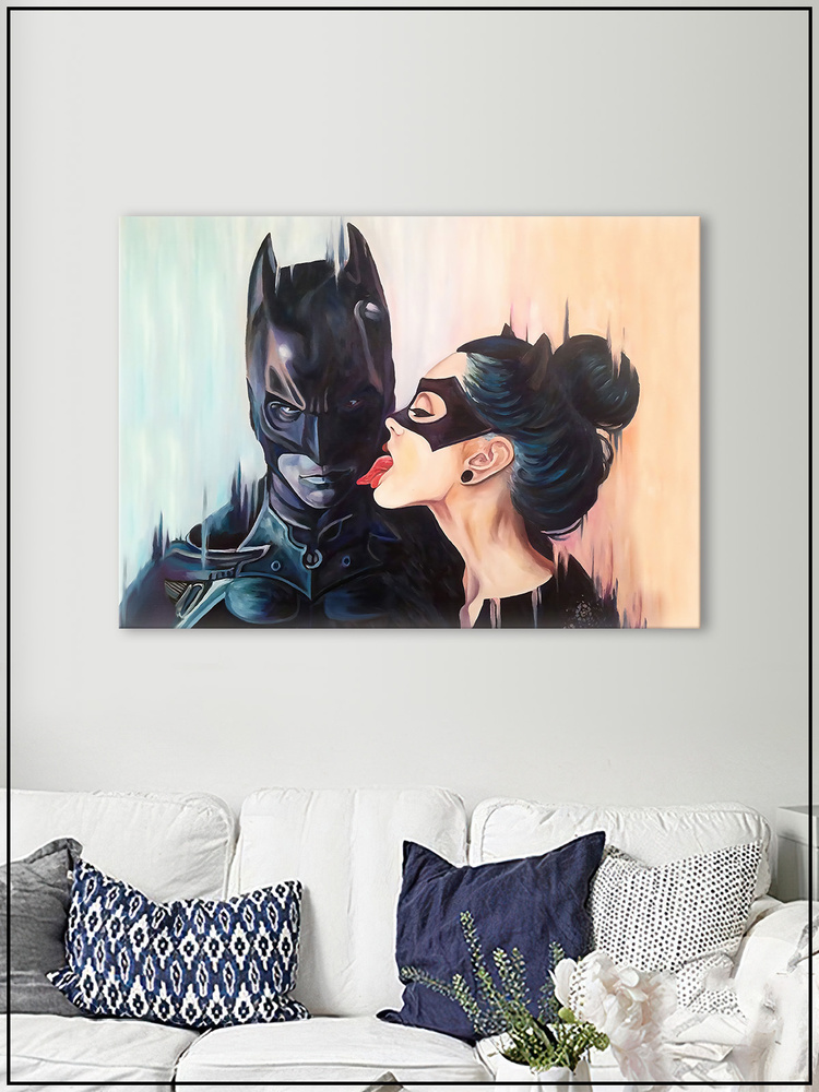Картина на стену для интерьера "Бэтмен и Женщина-кошка" на натуральном холсте 55*77 см  #1