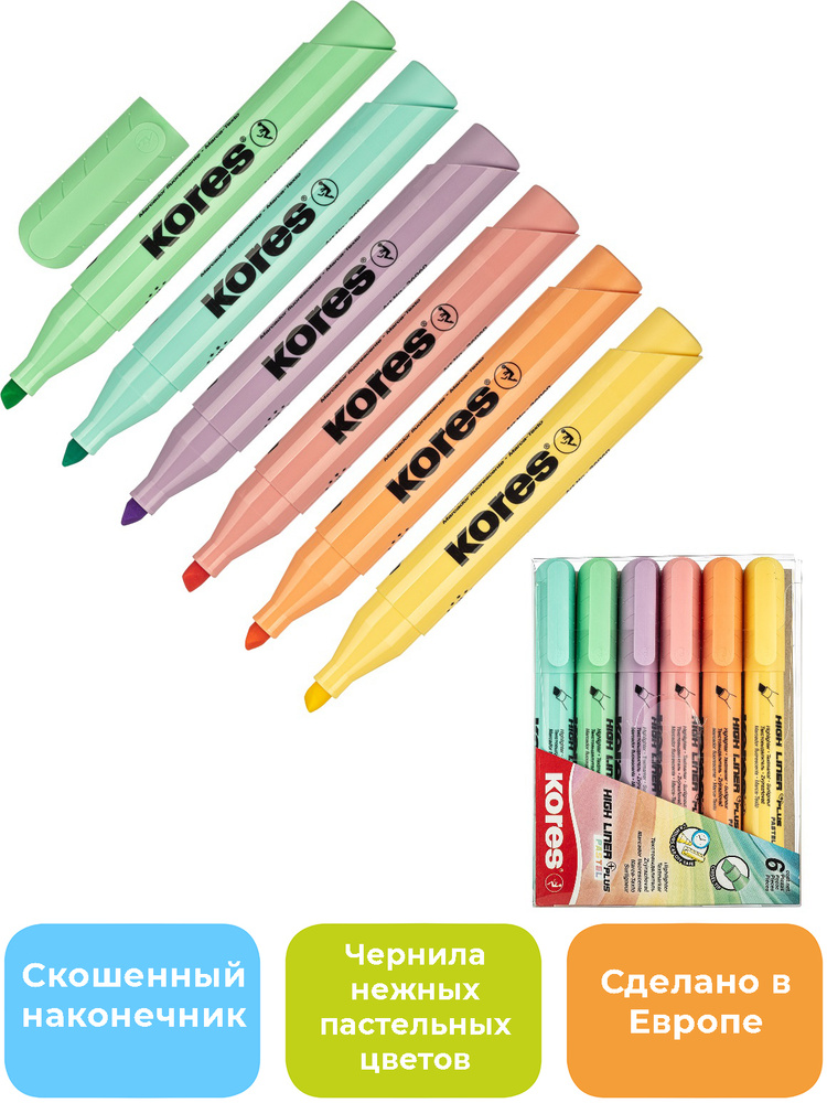 Текстовыделители Kores, пастельные цвета, линия 1-5 мм, набор 6 шт  #1