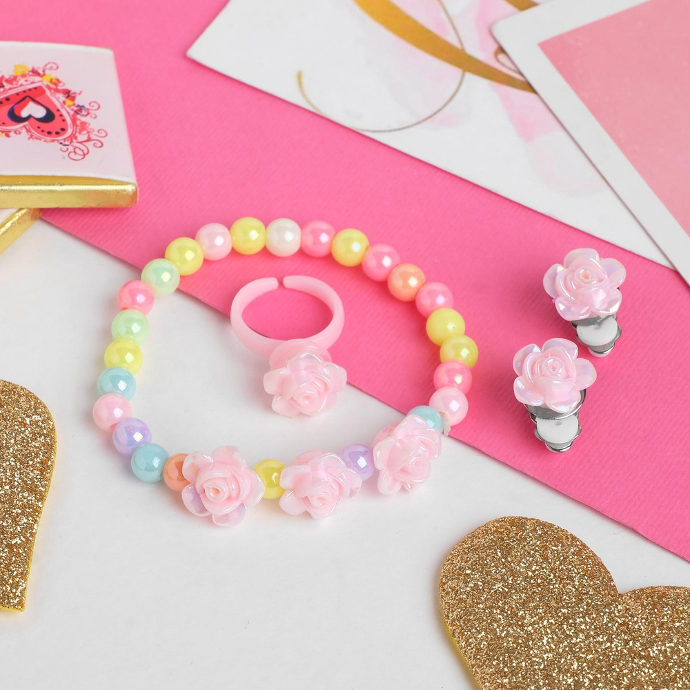 Набор украшений для девочек , детская бижутерия "Роза" 3 предмета: клипсы, браслет, кольцо, подарок для #1