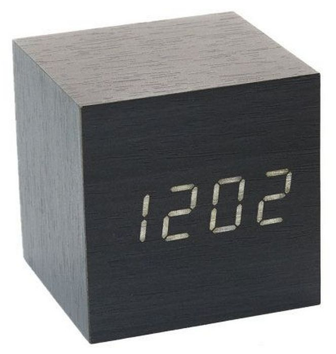 Настольные электронные часы Деревянный куб. Будильник, температура, работа от батареек и сети. Черные #1