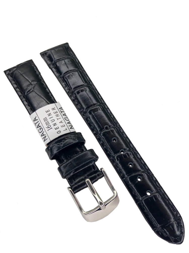 Ремешок для часов NAGATA кожаный 16 мм, черный, под рептилию  #1