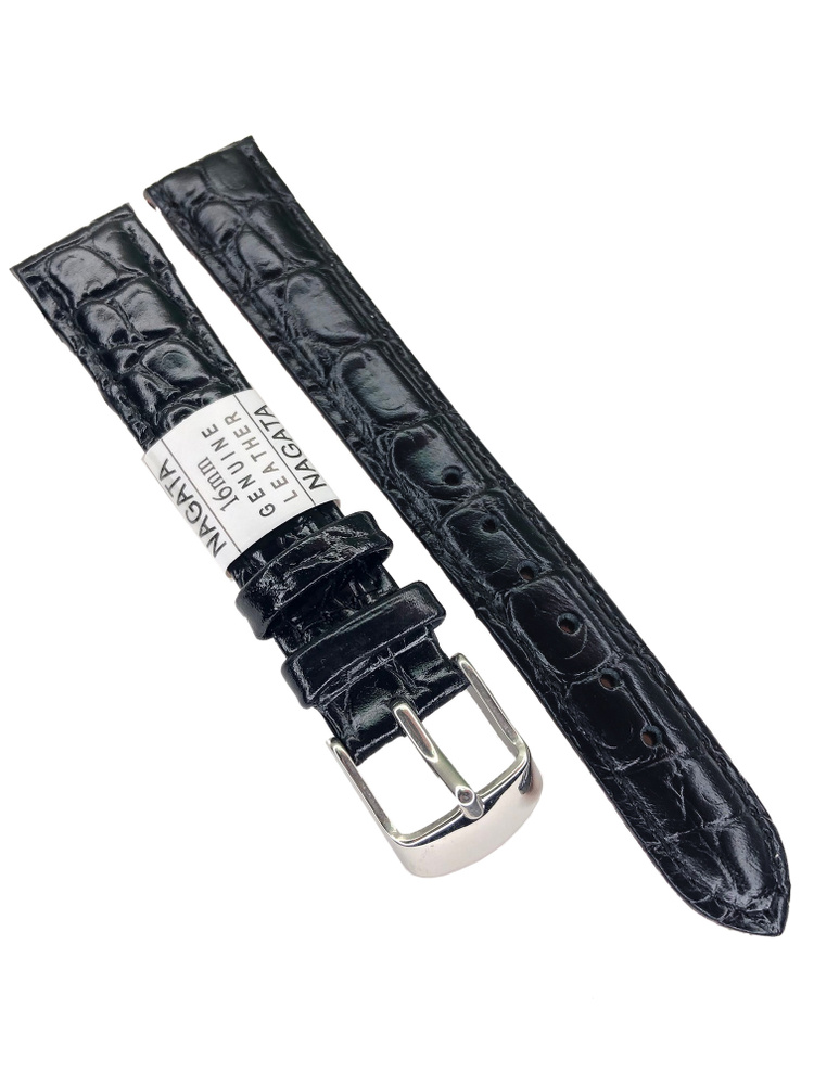 Ремешок для часов NAGATA кожаный 16 мм, черный, под рептилию  #1