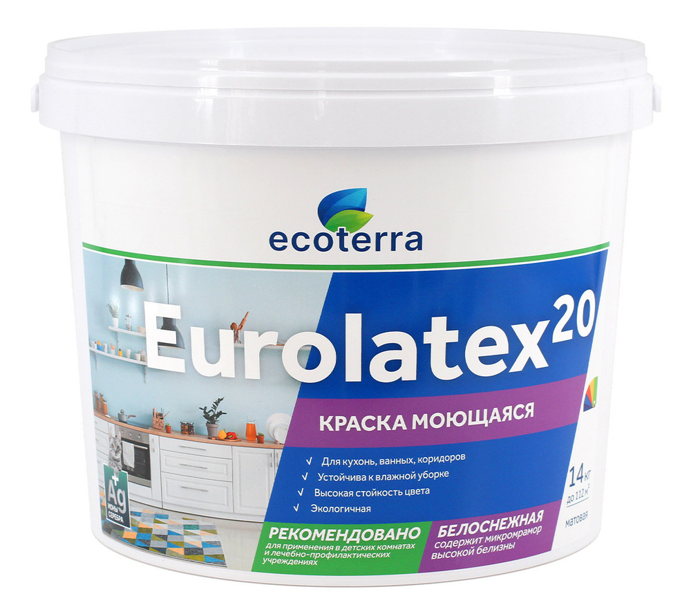 Краска Ecoterra ВД-АК 2180 Eurolatex 20, моющаяся, белоснежная,14кг #1