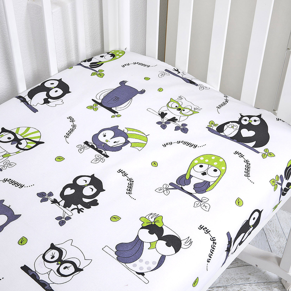 Простыня на резинке, для новорожденных, детская в кроватку 60x120 см, Совы  #1