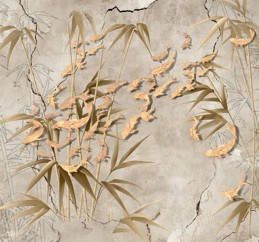 Фотообои флизелиновые на стену 3д GrandPik 17149 "Золотые рыбки в бамбуке", (ШхВ) 300х280 см  #1