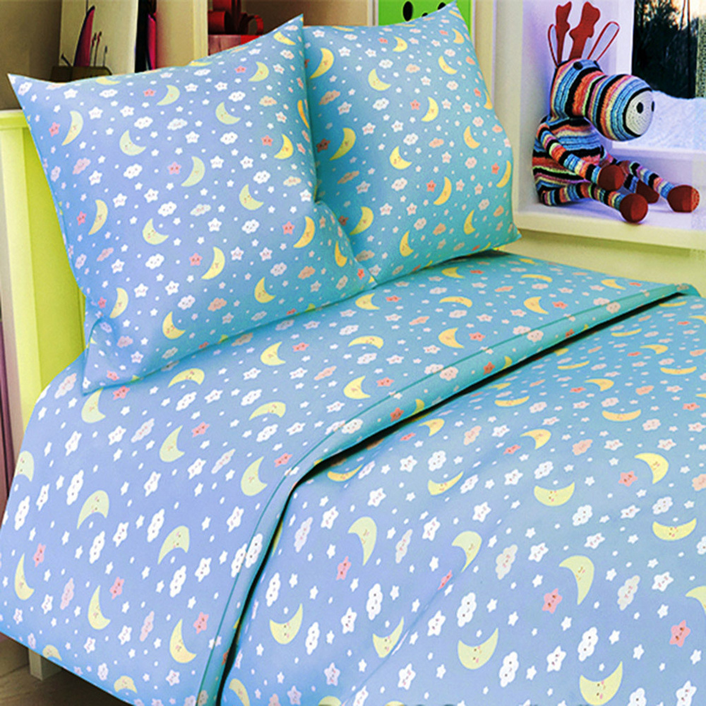 Детское постельное белье "Спокойной ночи голубой/клеточка бирюзовый" комплект 1,5 спальный 3 предмета #1