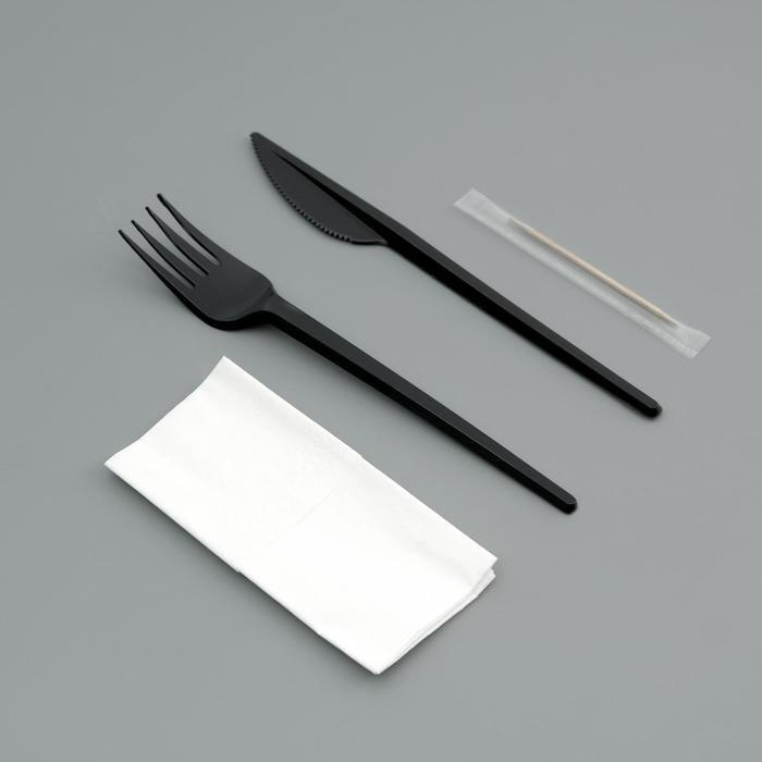 Набор одноразовой посуды "Вилка, нож, салф.бум., зубочистка" черный, 16,5 см  #1