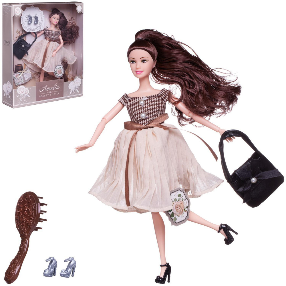 Кукла ABtoys "Современный шик"в платье с плиссированной юбкой, черная сумка, темные волосы 30см  #1