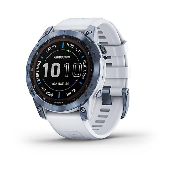 Часы Garmin Fenix 7 Sapphire Solar, титановый синий минерал DLC с белым ремешком 010-02540-25  #1