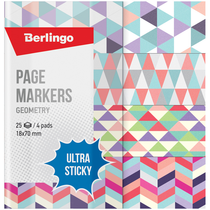 Клейкие закладки бумажные Berlingo Ultra Sticky Geometry, 4х25л., 18x70мм, в книжке (LSz_41131)  #1