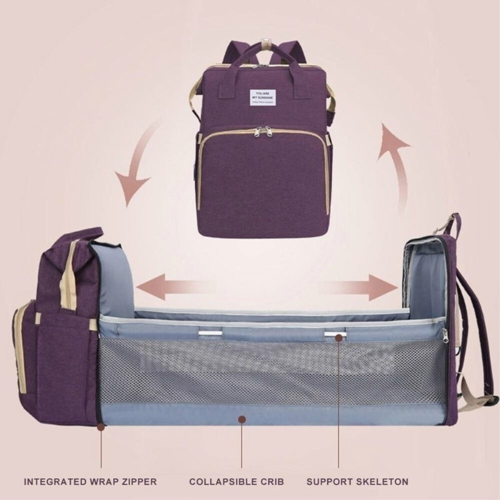Водонепроницаемая многофункциональная сумка для мамы - складная детская кроватка - рюкзак - фиолетовая #1