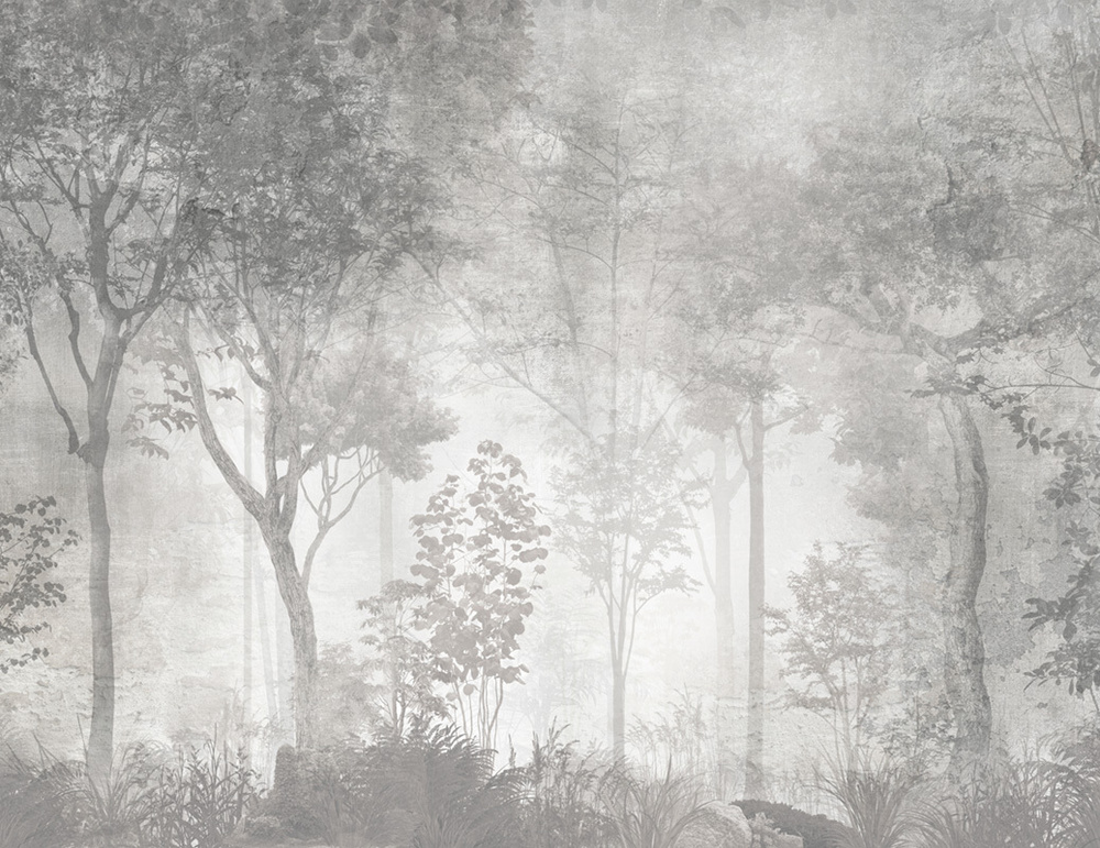 Фотообои флизелиновые на стену 3д GrandPik 26027 Лофт "Лес, деревья в тумане, винтаж, серые" (ШхВ), 350х270 #1
