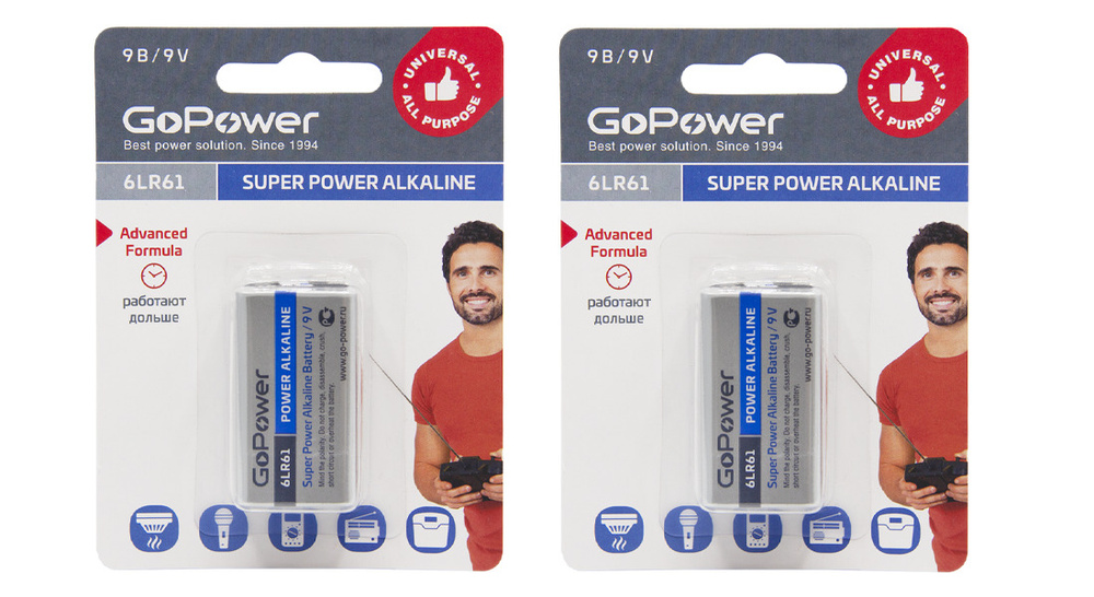 GoPower Батарейка Крона (6LR61, 1604A), Щелочной тип, 9 В, 1 шт #1