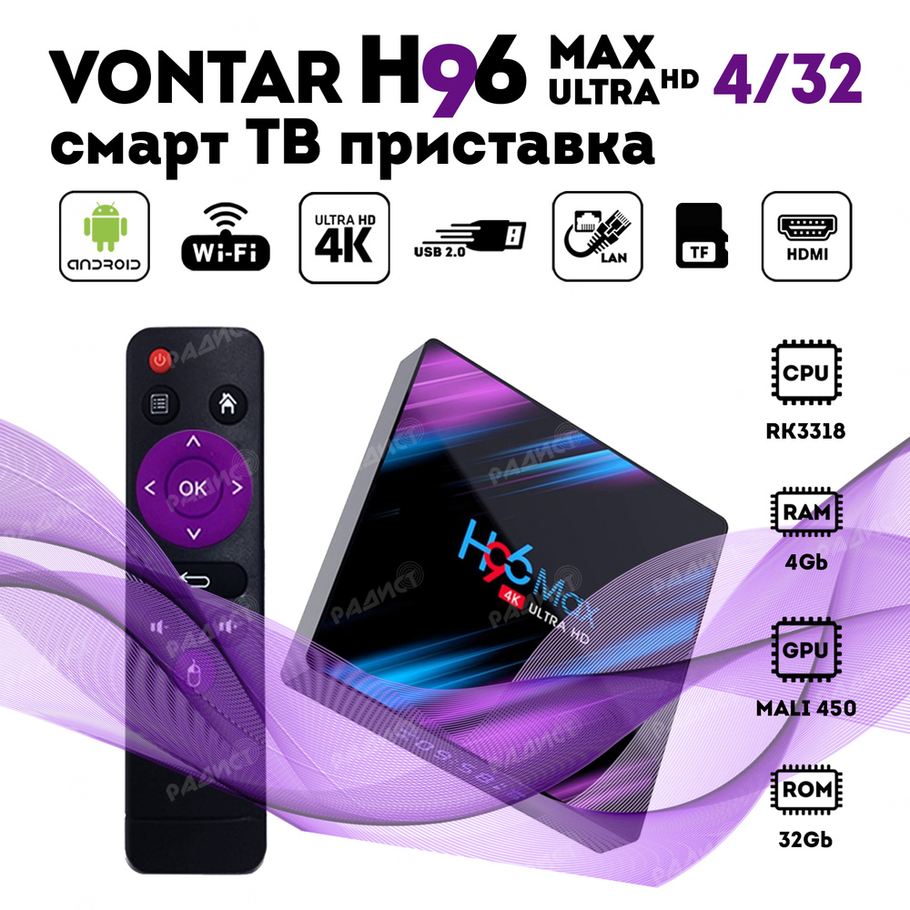 Смарт ТВ приставка H96 Max 4/32 VONTAR / Андроид ТВ приставка VONTAR H96 max 4/32GB Android 10  #1