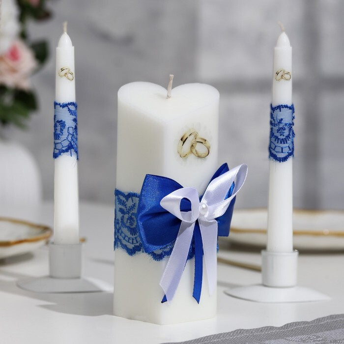Набор свечей "Кружевной с бантиком" синий: домашний очаг 6,8х15см, родительские 1,8х17,5см  #1