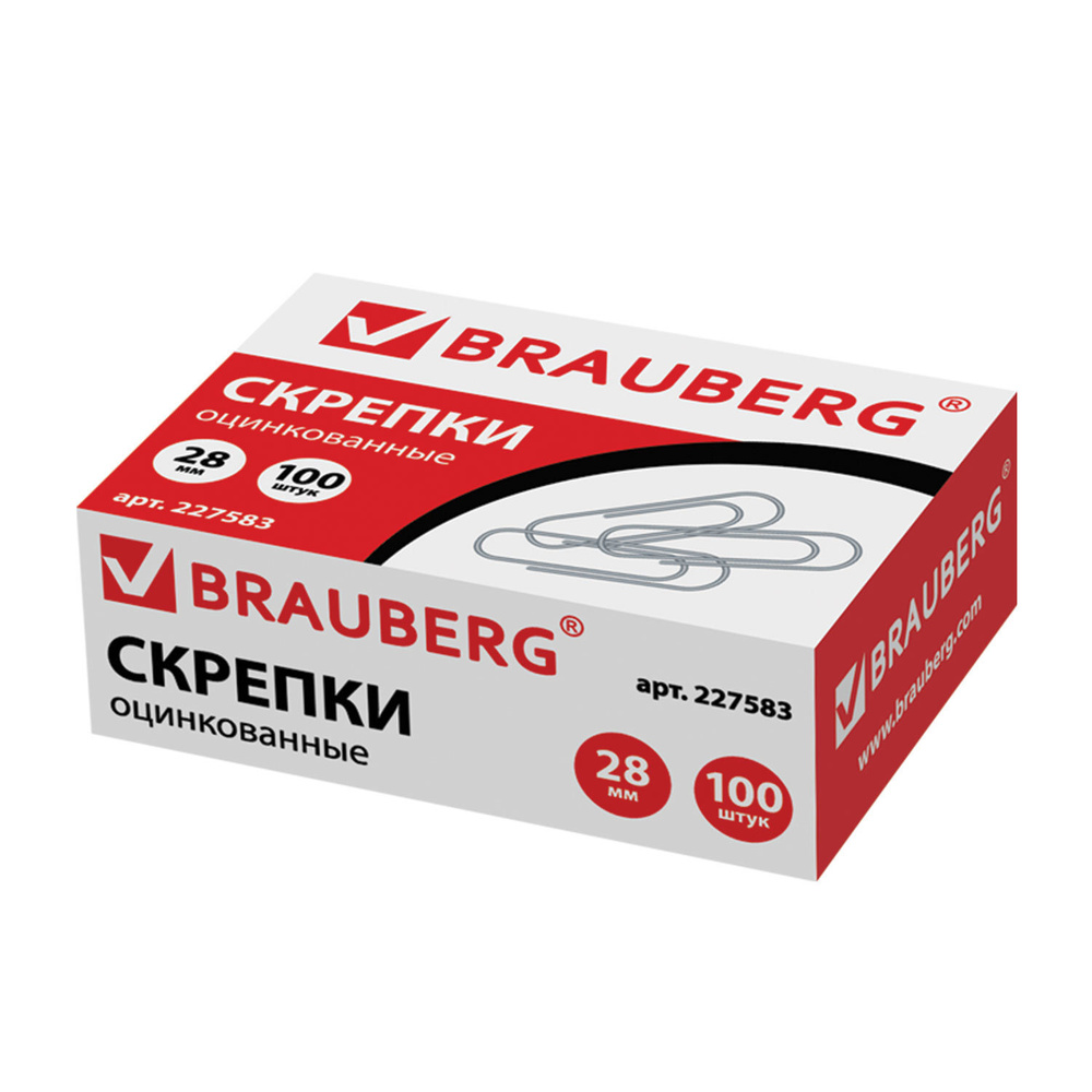 Скрепки BRAUBERG, 28 мм, оцинкованные, 100 шт., в картонной коробке, 227583 Комплект - 30шт.  #1