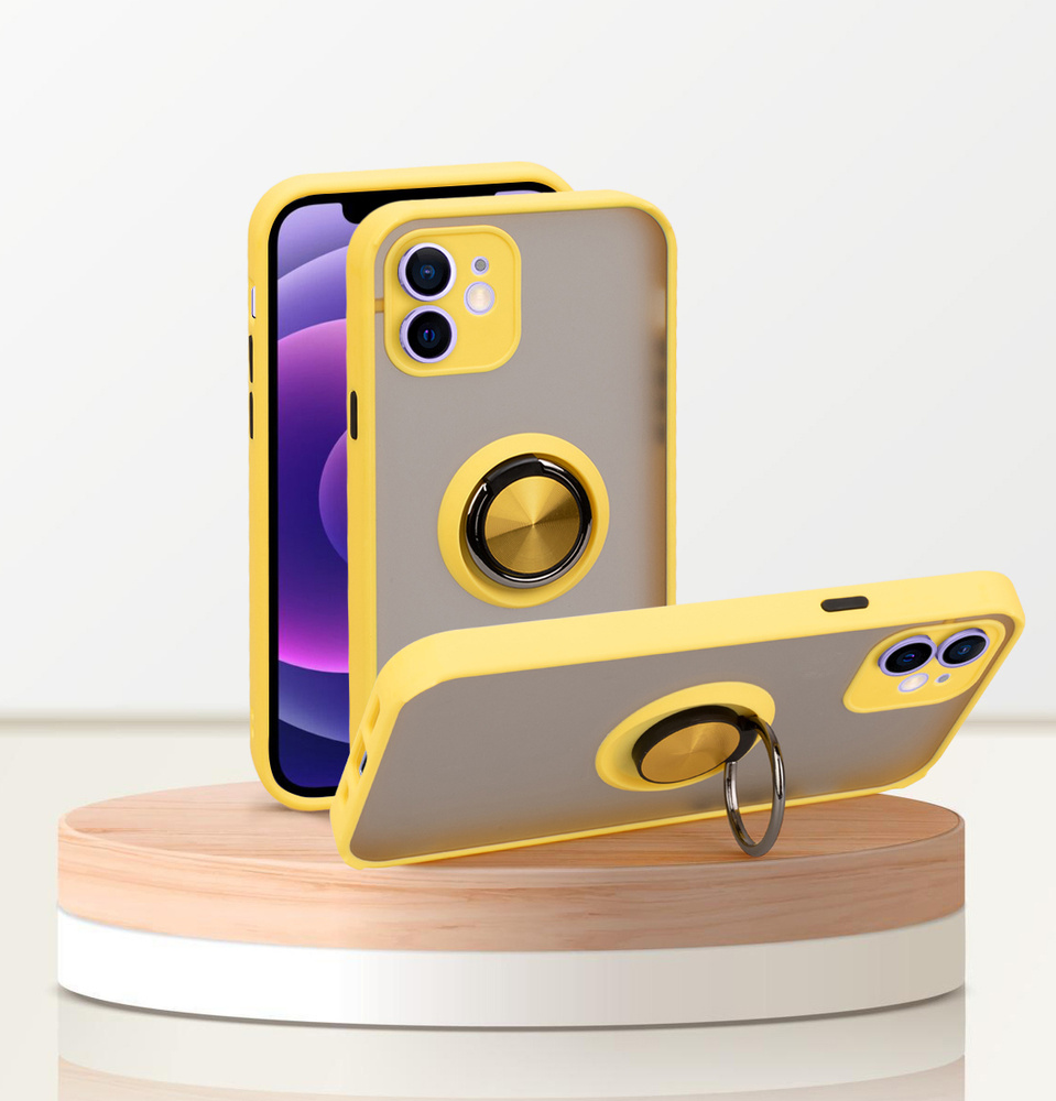 Чехол для айфон 12 мини / iphone 12 mini, желтый, с кольцом, магнитный, подставка, защита камеры  #1