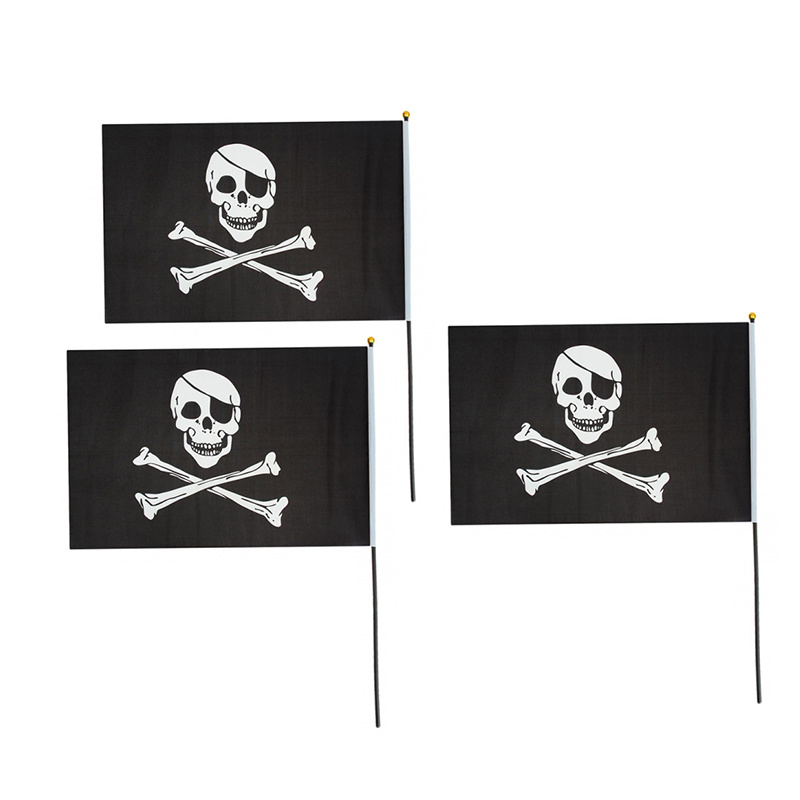 Флаг пиратский черный "Веселый Роджер" пират с повязкой, 14*21 см (Набор 3 шт.)  #1
