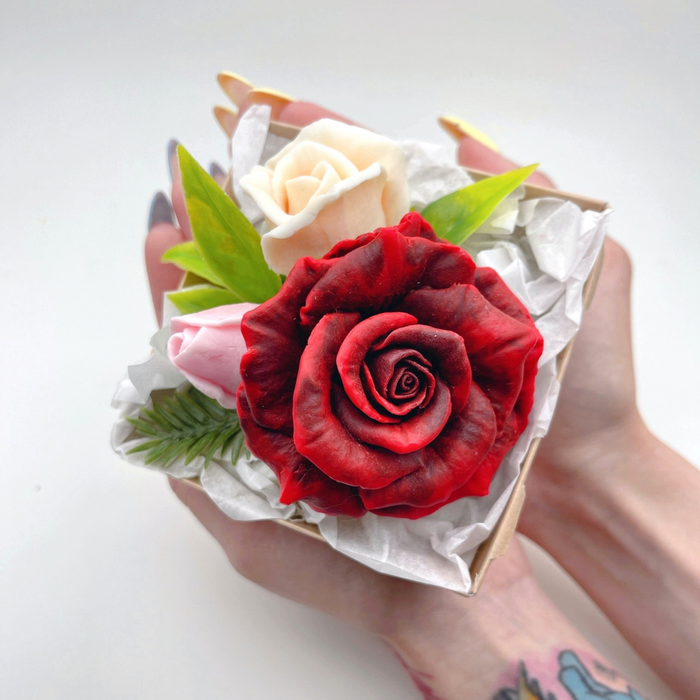 Мини-букет из мыла "Розы в куполе, рэд" 1шт / Magic Benefit Soap / подарок девушке  #1
