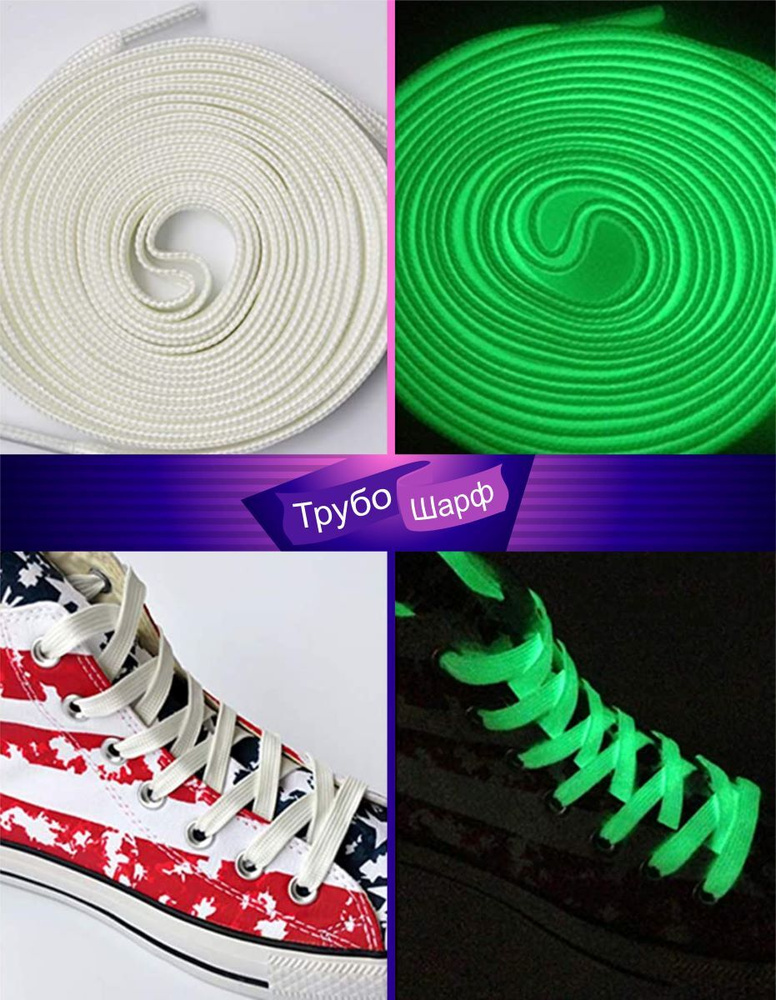 Шнурки для обуви флуоресцентные белые 100 см / светящиеся в темноте (со светонакопительным эффектом) #1