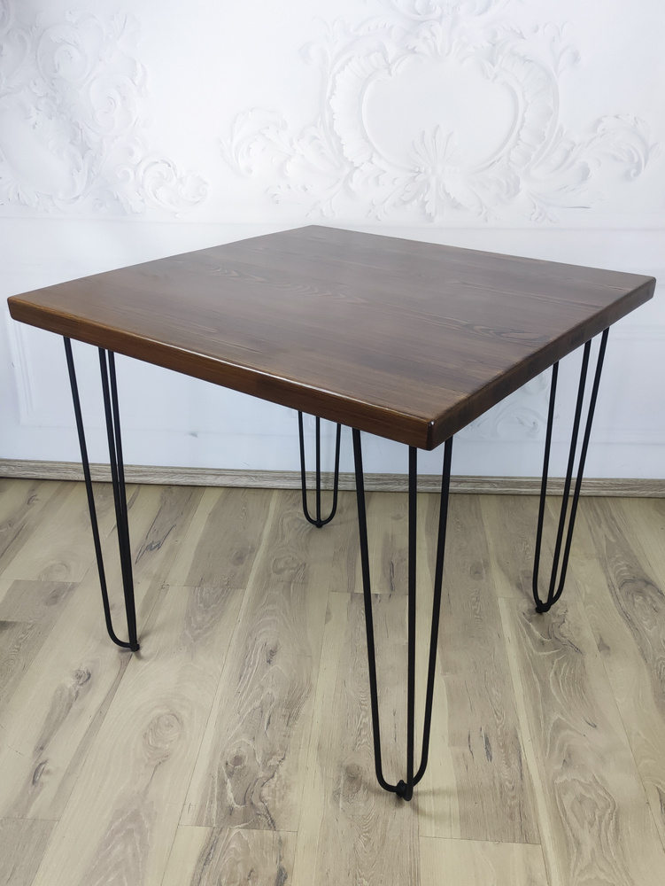 Стол кухонный Loft с квадратной столешницей цвета темного дуба из массива сосны 40 мм и металлическими #1