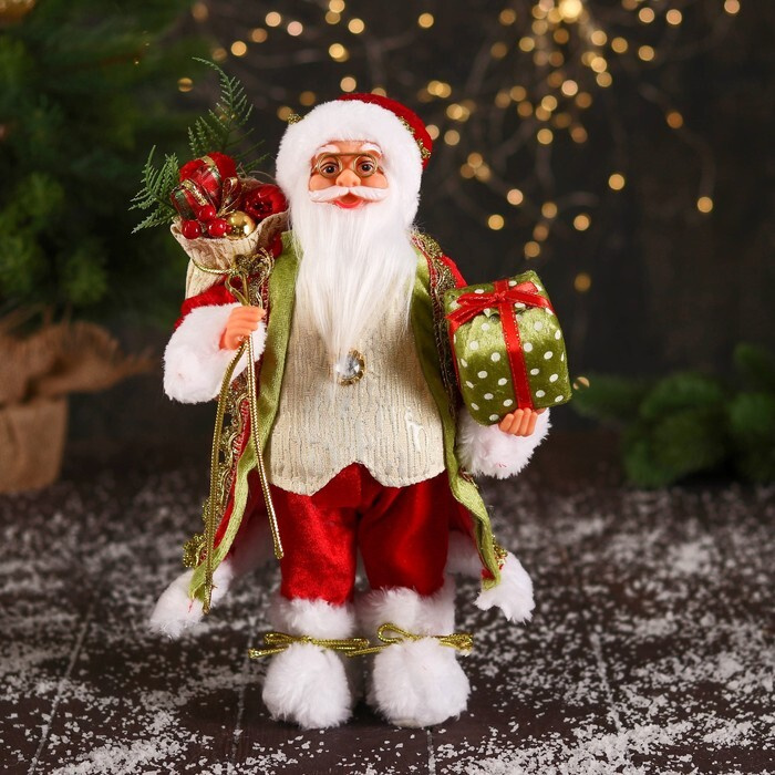 Зимнее волшебство, Дед Мороз "В колпачке и с коробкой подарков в горошек" 30 см, красно-зелёный  #1