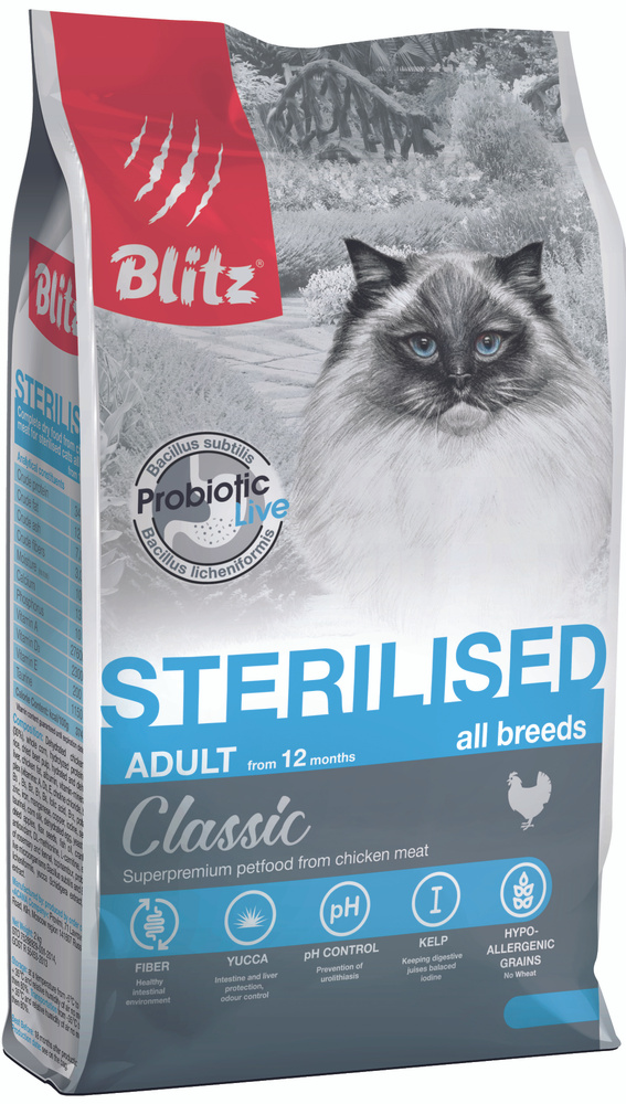 Корм Blitz Classic Sterilised Chicken для стерилизованных кошек, с курицей, 2 кг  #1