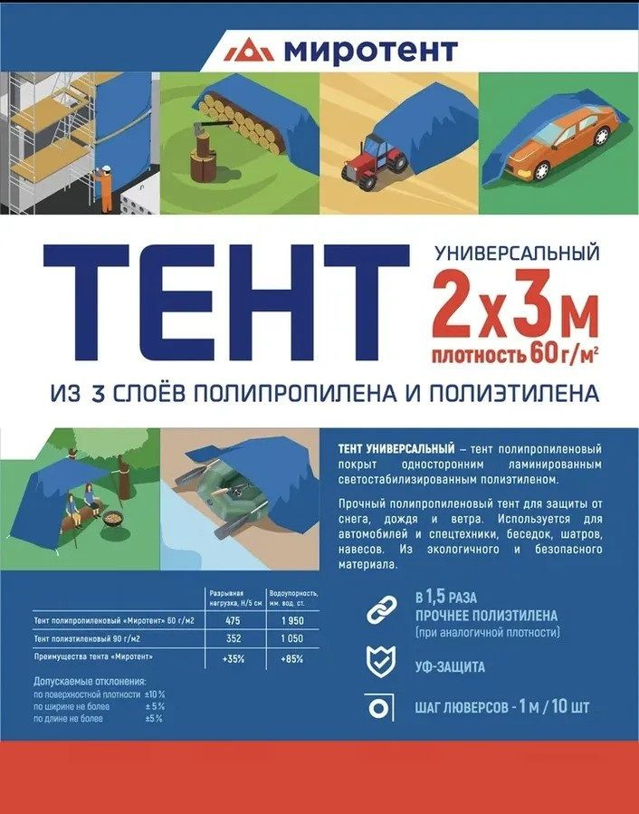 Чехол укрывной туристический, строительный 2х3 м (6 м2) Миротент 60 г/м2, тент для садовых качелей, мебели, #1