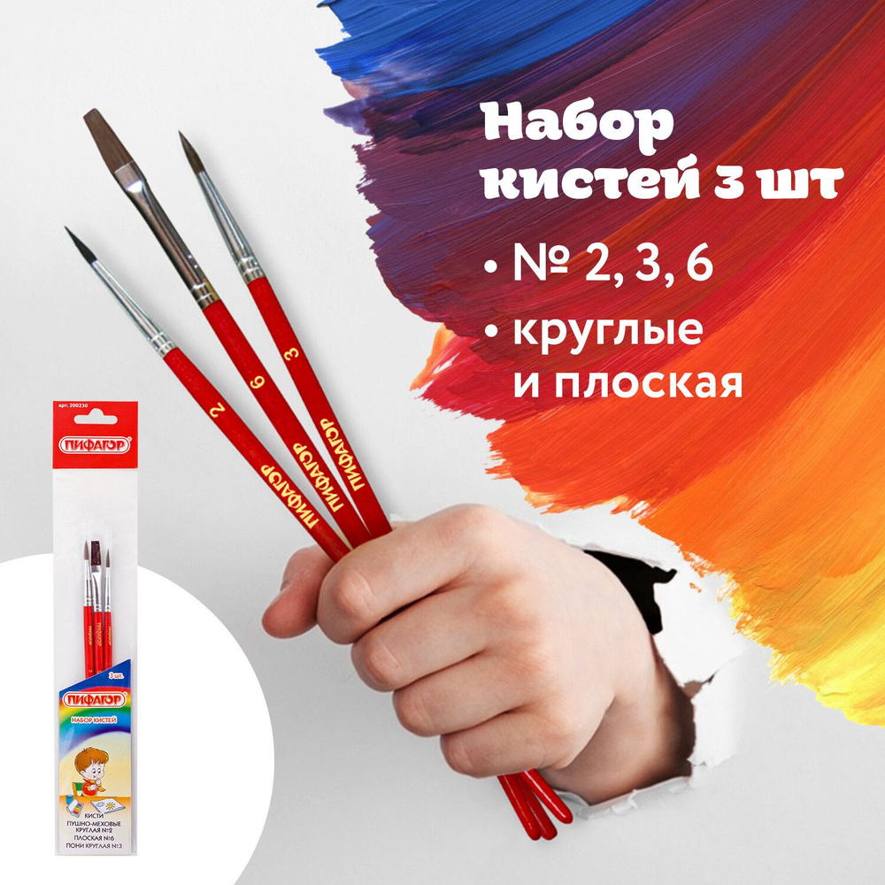 Кисти Пифагор, набор 3 шт. (пушно-меховая: круглая № 2, плоская № 6; пони: круглая № 3), пакет с европодвесом #1