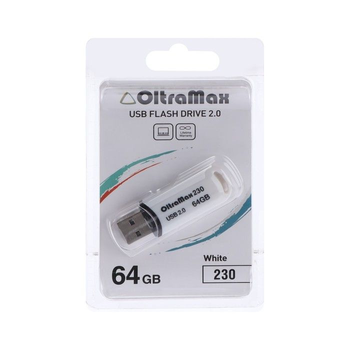 Флешка OltraMax 230, 64 Гб, USB2.0, чт до 15 Мб/с, зап до 8 Мб/с, белая #1